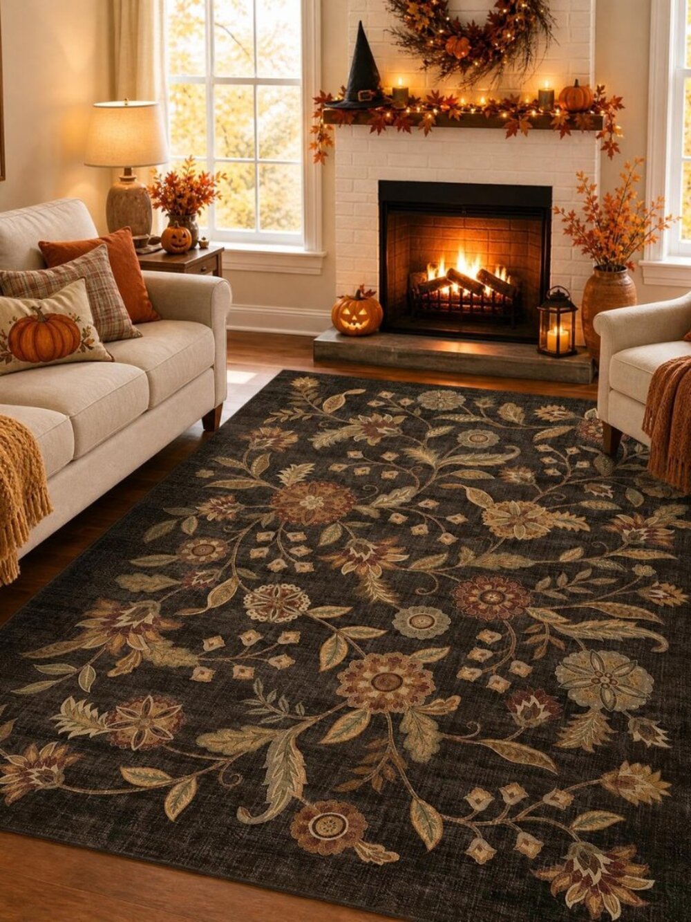 Dark Brown Floral 5x7 Washable Area Rug Living Room Bedroom